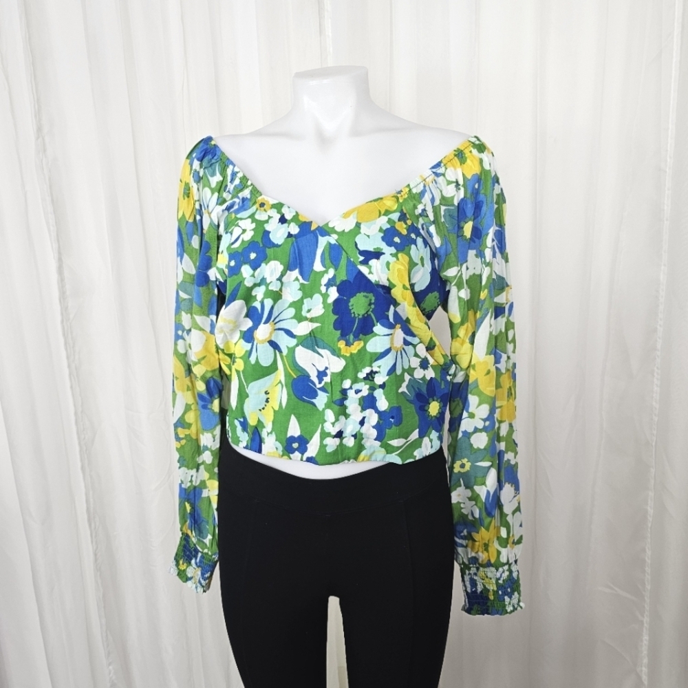 Walter Baker Green Disco Floral Kimora Crop Top Off Shoulder Size Medium
